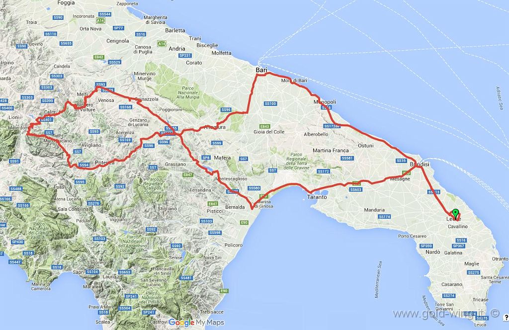 percorso.JPG - Lecce-Bari-Cassano-Potenza-Laviano-Monticchio-Taranto-Lecce. Km 732