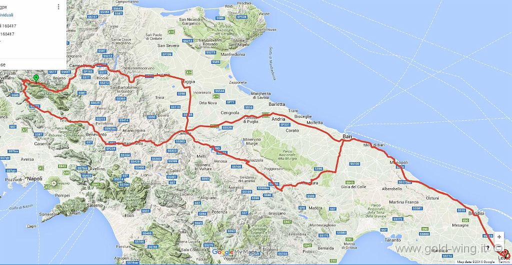 percorso.JPG - Lecce-Cassano d.Murge-Altamura-Foggia-Matese km 499, ritorno (via Benevento e autostrada) km 458, totale km 957
