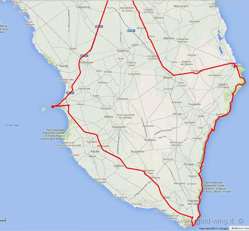 percorso.JPG - Km 193 in h 4.25 (di cui 1.34 soste; partenza e arrivo a Lecce, poco a nord fuori mappa)