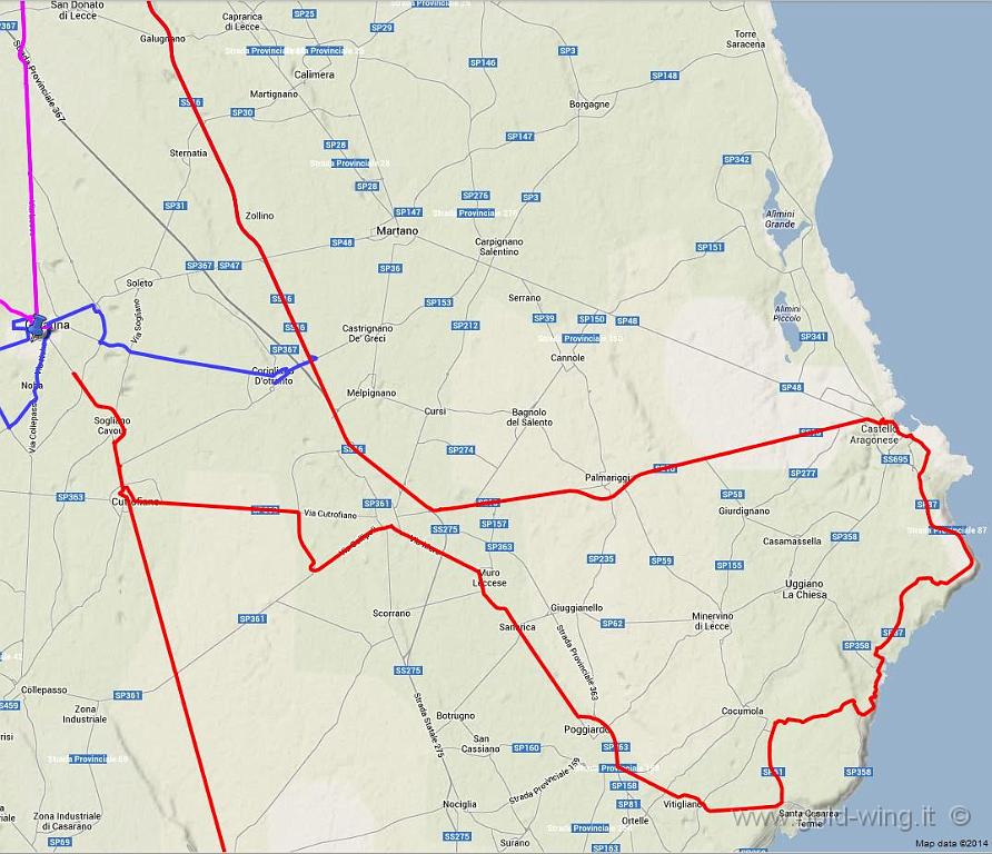 percorso26.JPG - Il giro del sabato pomeriggio (Ruffano, a sud, dove ho ripreso la moto dopo il cambio gomme)-Galatina-Cutrofiano-Maglie-S.Cesarea Terme-Otranto-(Lecce). Km 53 da Galatina a Otranto,  km 118 da Ruffano a Lecce